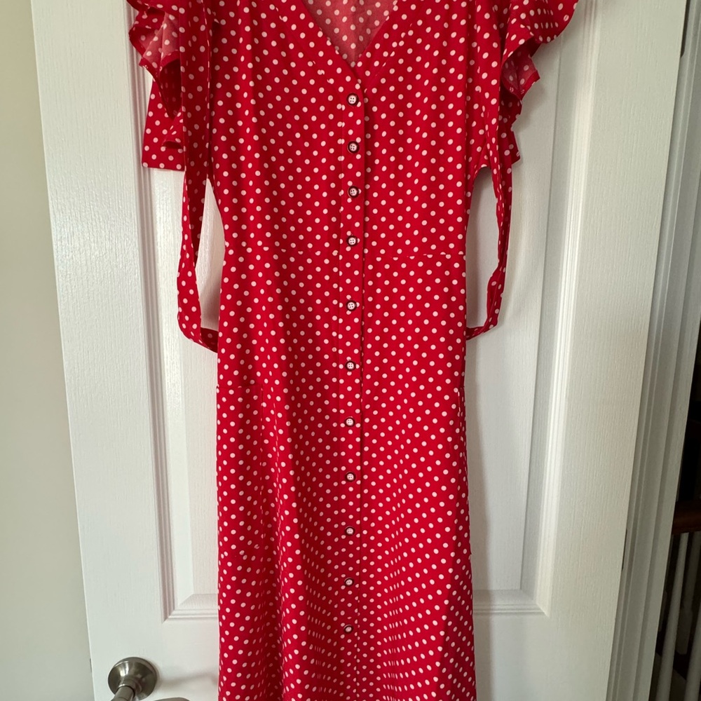 Red & White Light/Breezy Button Polka Dot Dress Size Large (ties around waist) - Picture 8 of 10